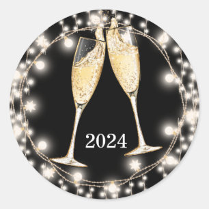 New Years Champagne Glasses Glowing String Lights Classic Round Sticker