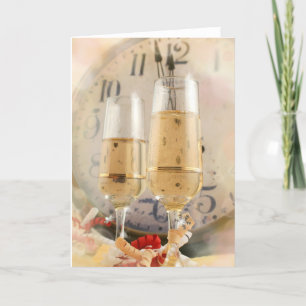 New Years Countdown clock and champagne Holiday Card