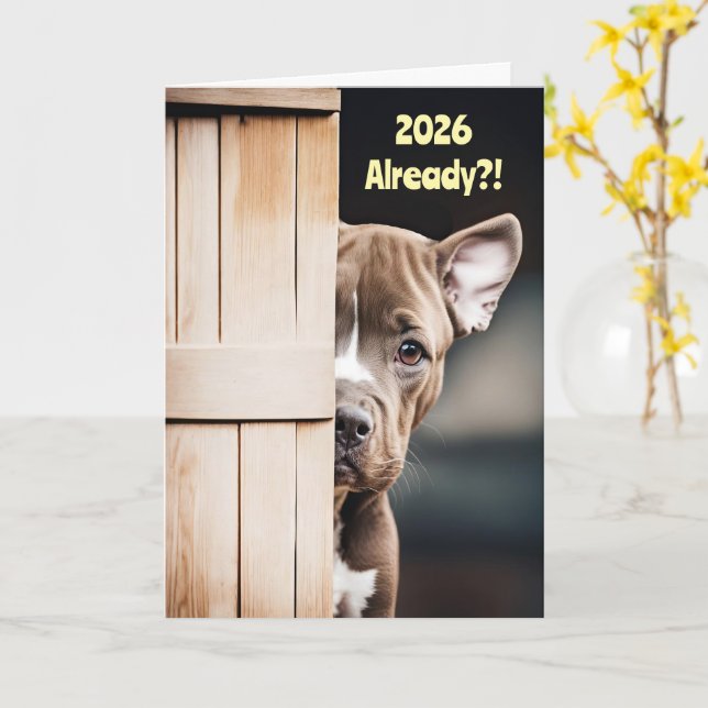 New Years Cute Funny 2026 Pitbull Puppy Door Card (Yellow Flower)