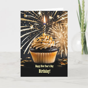 New Years Day Birthday with Cupcake and Candle  Card