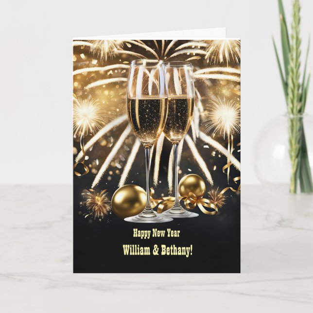 New Years Day Custom Name with Champagne Flutes Card (Front)