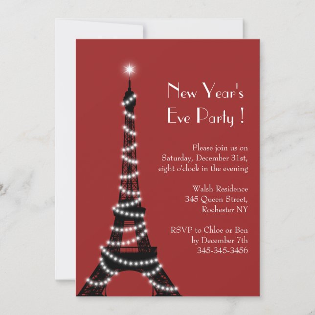 New Year's Eiffel Tower Invitation red (Front)