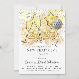 New Year's Eve 2023 Champagne Balloons Glitter Invitation
