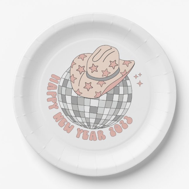 New Years Eve 2023 Retro Disco Cowboy Paper Plates (Front)