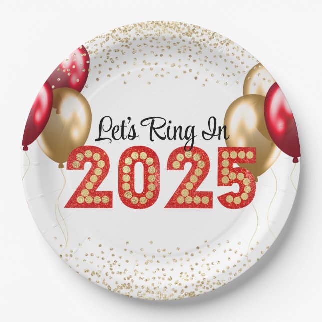 New Year's Eve 2025 Party Red and Gold Marquee  Paper Plate (Front)