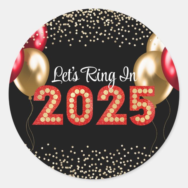 New Year's Eve 2025 Party Red & Gold Marquee Black Classic Round Sticker (Front)