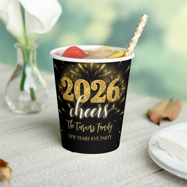 New Year's Eve 2026 Party Gold & Black Paper Cups (Insitu)