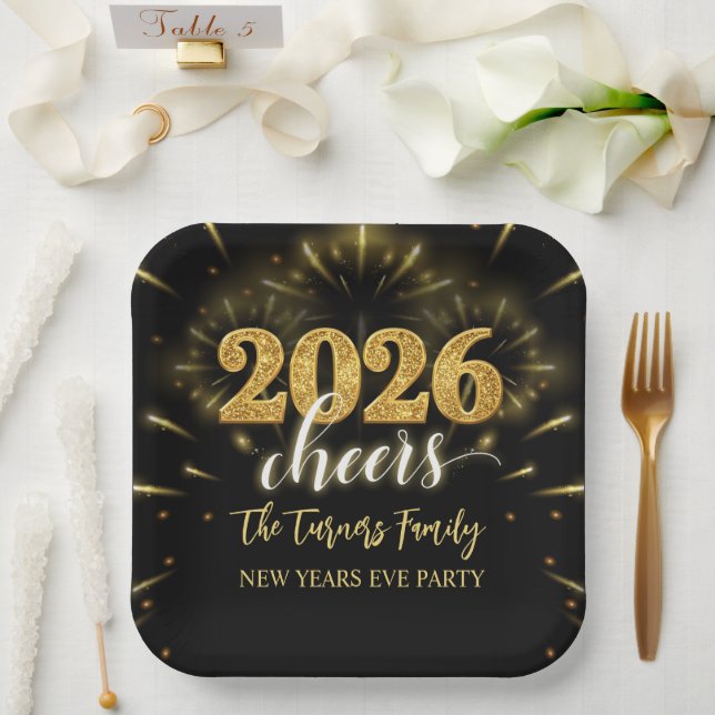 New Year's Eve 2026 Party Gold & Black Paper Plate (Wedding)