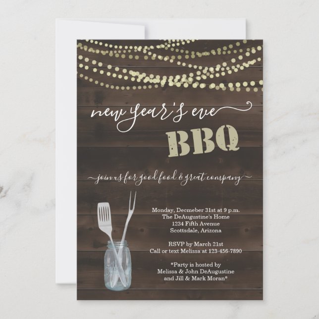 New Year's Eve BBQ Party Invitation - Rustic Wood (Front)