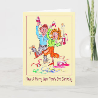 New Year's Eve Birthday Cartoon of Couple Partying Holiday Card