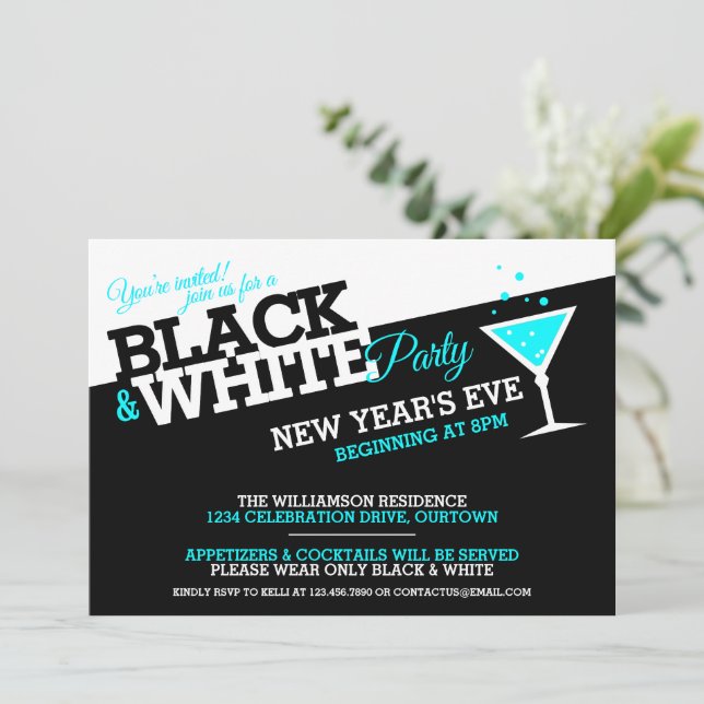 New Years Eve Black and White Party Invitations (Standing Front)