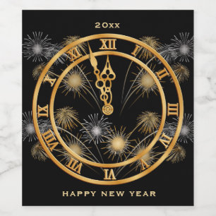 New Years Eve Black & Gold Clock Wine Label