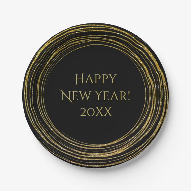 New Year's Eve Black Gold Glitter Happy New Year Paper Plate (Front)