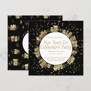 New Year's Eve, Black, White, Gold, Party Invitation