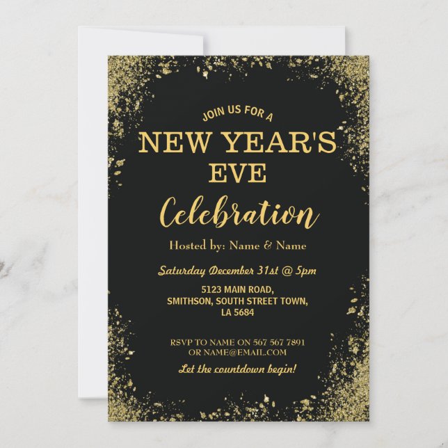 New Year's Eve Celebration Party Black Gold Invitation (Front)