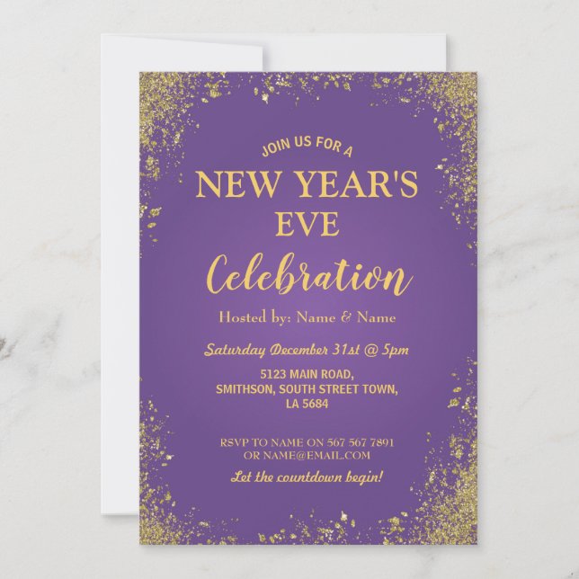 New Year's Eve Celebration Party Purple Gold Invitation (Front)
