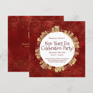 New Year's Eve, Celebration Party, Red, Gold,  Invitation