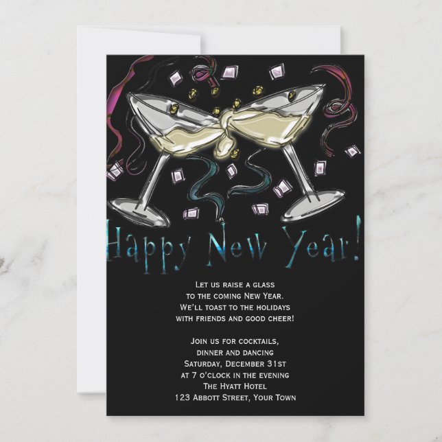 New Years Eve Champagne and Confetti Invitation (Front)