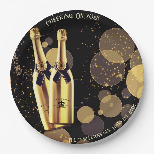 New Year's Eve Champagne Black Gold  Paper Plate (Front)
