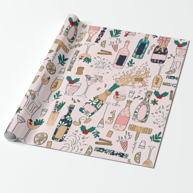 new years eve champagne christmas cocktail wine wrapping paper (Unrolled)