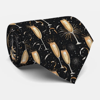 New Year's Eve Champagne Fireworks Black Gold Tie