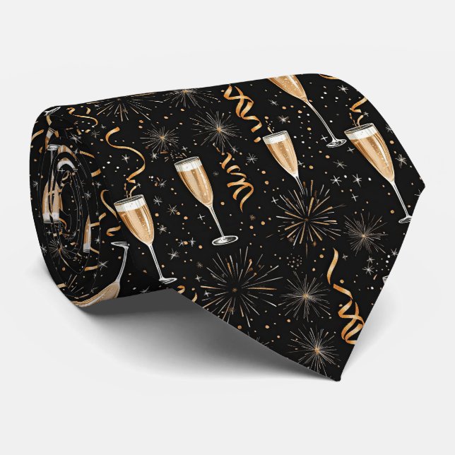 New Year's Eve Champagne Fireworks Black Gold Tie (Rolled)