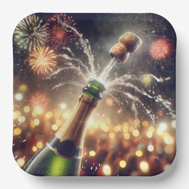 New Year's Eve Champagne With Popping Cork Paper Plate (Front)
