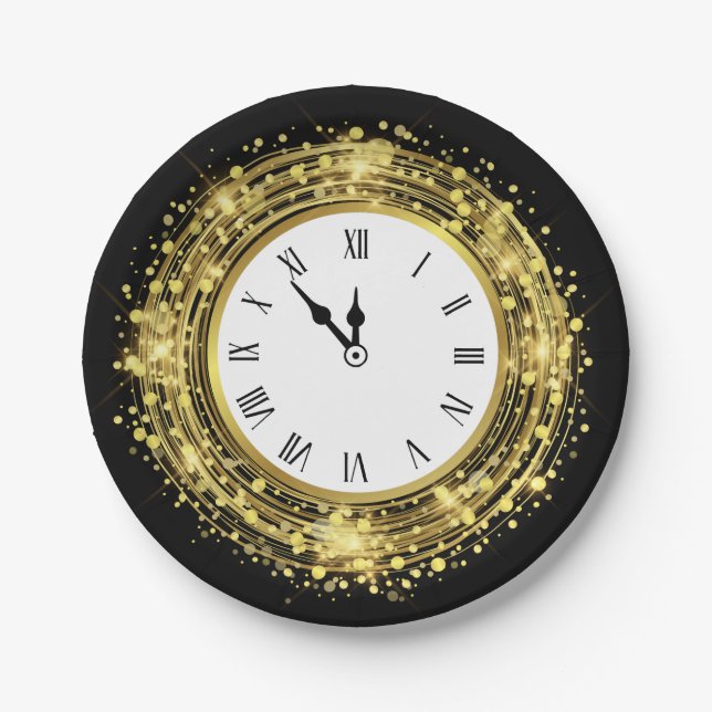New Year's Eve Clock Glitter Confetti Paper Plate (Front)