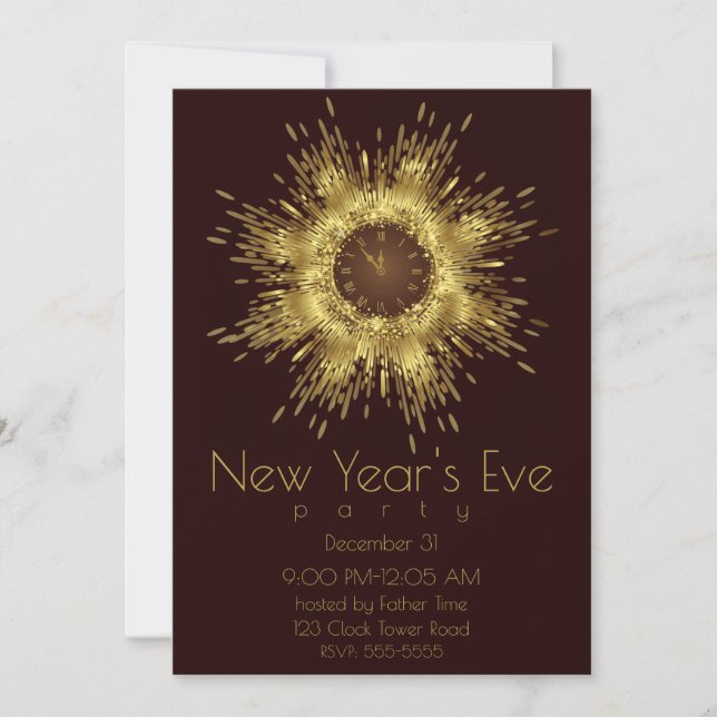 New Year's Eve Clock Gold Glitter Burst Invitation (Front)