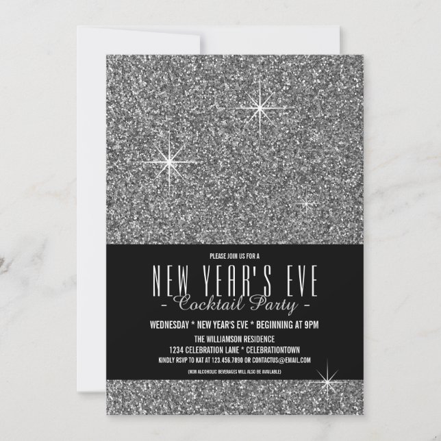 New Year's Eve Glitzy Silver Party Invitation (Front)