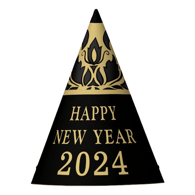 New Year's Eve Gold Black Damask Party Hat (Front)