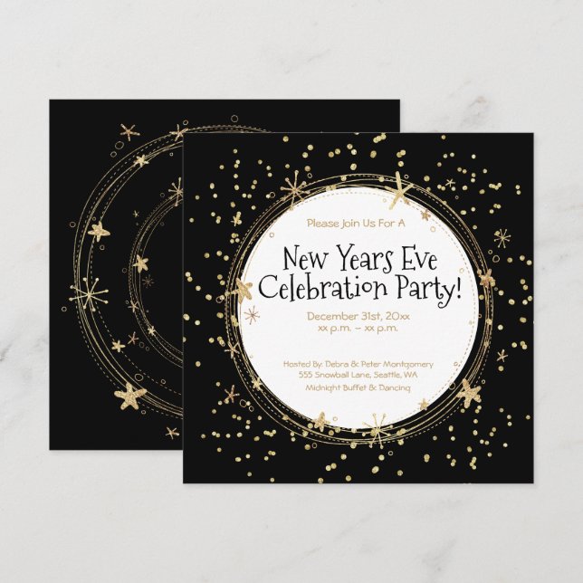 New Year's Eve, Gold, Black, Party  Invitation (Front/Back)