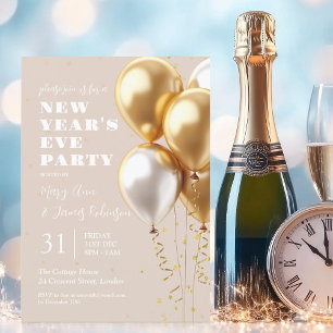 New Years Eve Gold Confetti Balloons Champagne  Invitation