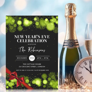 New Years Eve Green Black Winter Wonder Red Bow Invitation