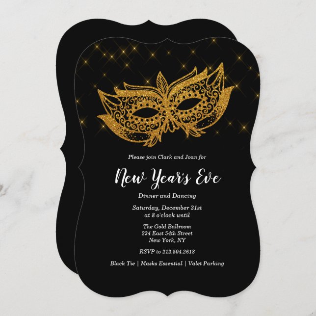 New Year's Eve Holiday Gold Mask Invitation (Front/Back)