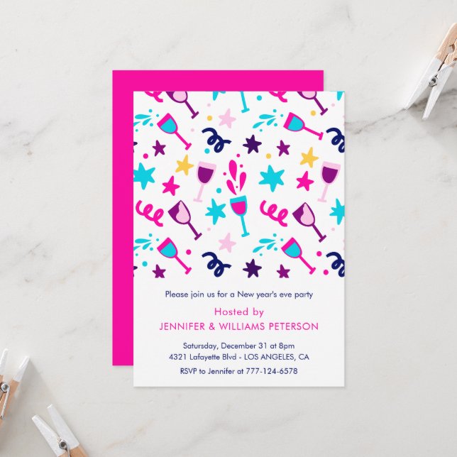 New year's eve invitation Cocktail Drinks Pink (Front/Back In Situ)