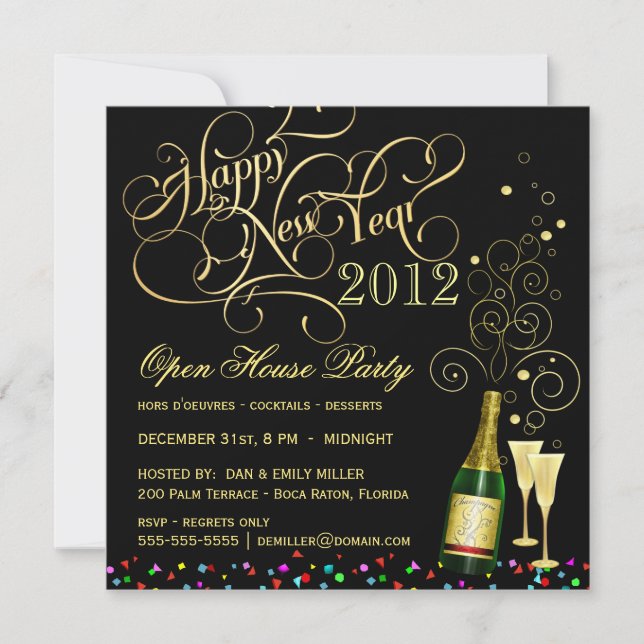 New Year's Eve Open House Party - Black and Gold Invitation (Front)