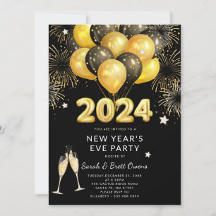 New Year's Eve Party 2023 Gold Balloons Fireworks  Invitation