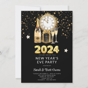 New Year's Eve Party 2023 Gold Champagne Stars Invitation