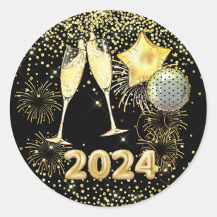 New Year's Eve Party 2023 Gold Glitter On Black Classic Round Sticker