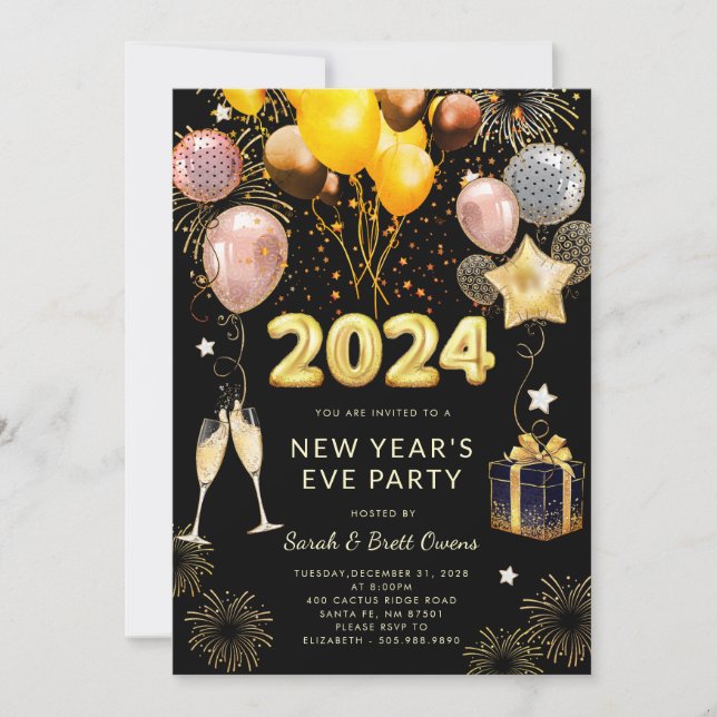 New Year's Eve Party 2023 Gold Glitter On Black  Invitation (Front)
