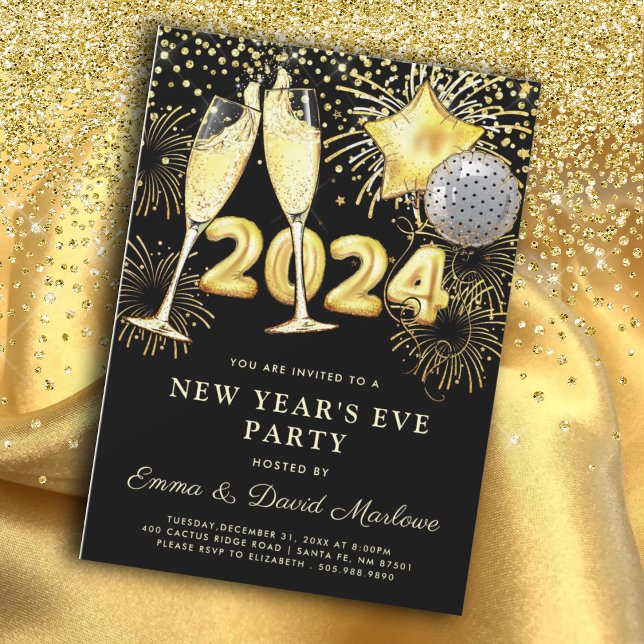 New Year's Eve Party 2023 Gold Glitter On Black  Invitation (Creator Uploaded)