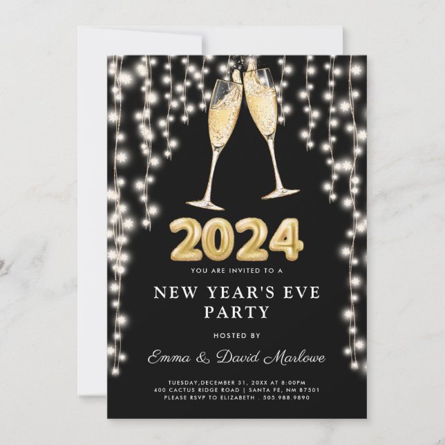New Year's Eve Party 2024 Glowing String Lights  Invitation (Front)