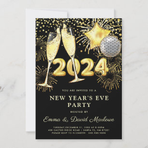New Year's Eve Party 2024 Gold Glitter Black  Invitation