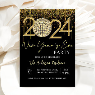 New Year's Eve Party 2024 Gold Glitter Disco Ball Invitation