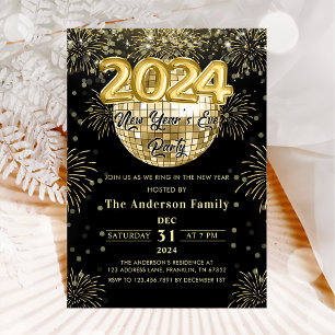 New Year's Eve Party 2024 Gold Glitter Disco Ball  Invitation
