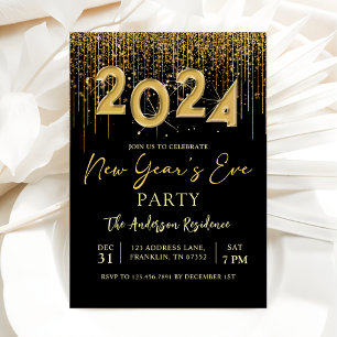 New Year's Eve Party 2024 Gold Glitter Invitation