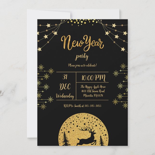 New Year's Eve Party 2024 Gold Glitter On Black Invitation (Front)