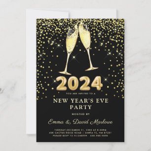 New Year's Eve Party 2024 Gold Glitter On Black  Invitation