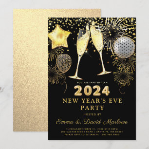 New Year's Eve Party 2024 Gold Glitter On Black   Invitation